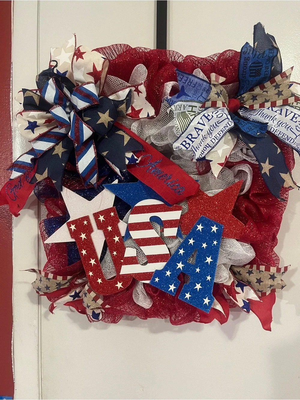 Patriotic Red, White & Blue Holiday Wreath - USA Stars and Stripes